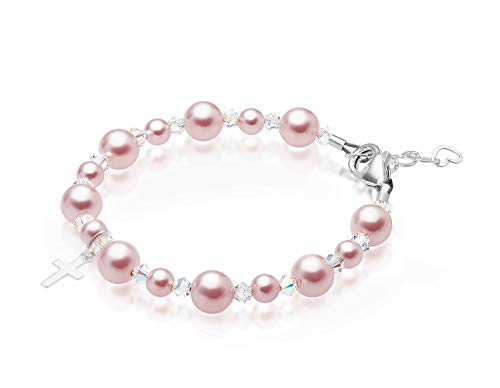 Baby Crystals Pearl Bracelets For Girls, Sterling Silver Cross Charm, Baptism Gifts For Girl, Girls Bracelet With European Crystals And Simulated Rosaline Pink Pearls, Girls Jewelry Birthday Gift #TOP13