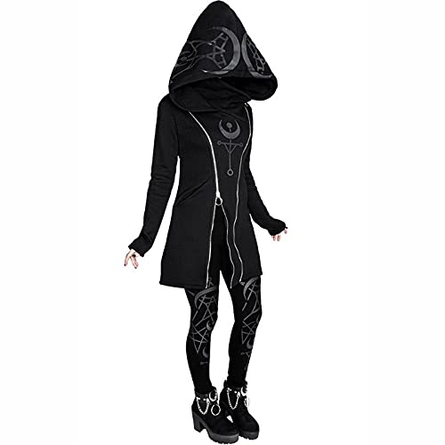 tuduoms Black Punk Gothic Hoodie Women Long Sleeve Zip Up Hoodie Moon Jacket Top Long Sweatshirts Plus Size Y2k Goth Clothing