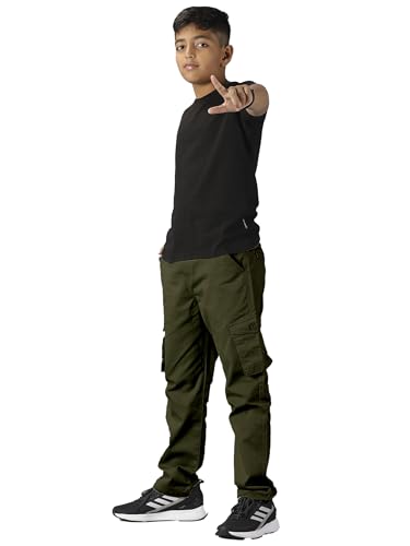 Image of KiddoPanti Boys Cargo Pants | 100% Cotton Twill | Comfortable Regular Fit | Elastic Waistband & Zip Fly | 6 Pocket Lower for Kids | Full-Length Casual Wear