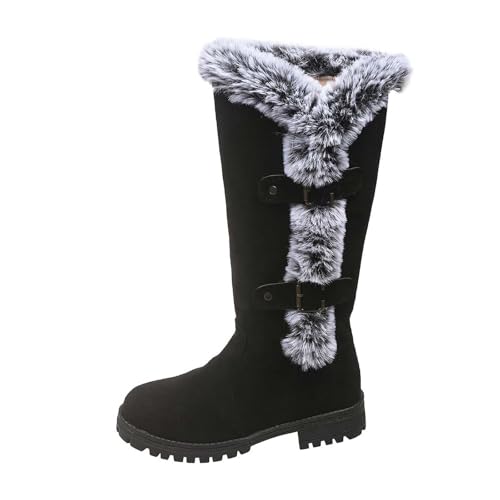Botas de nieve largas cálidas de terciopelo para mujer, con puntera redonda, tacón bajo, hasta la rodilla, estilo casual, Black, 38 EU