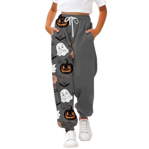 Girls Halloween Sweatpants Pumpkin Ghost Bat Print Drawstring Sweat Pants Kids High Waisted Elastic Trousers
