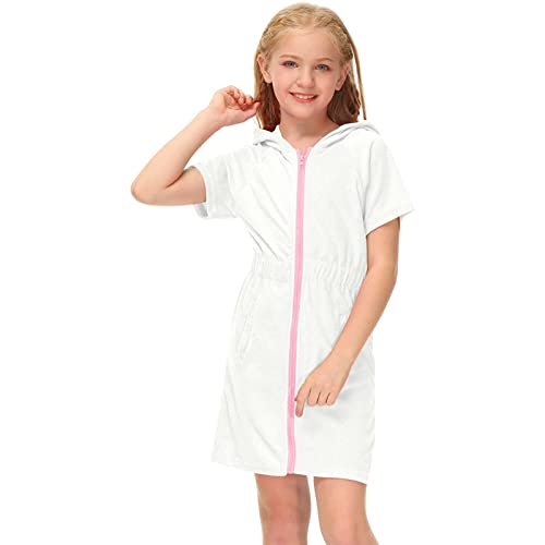 Girls Kids Zip Up Terry Cover Ups Cozy Swimsuit Hooded Bathrobe Short Sleeve Swimwear Robe with Pockets3
