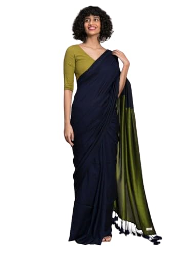 Sudip Collection Pure Cotton Handloom Khadi Saree – Navy Blue & Olive Green Dual Shade with Tassel Pallu, Elegant Soft Traditional Saree with Blouse Piece-image-44