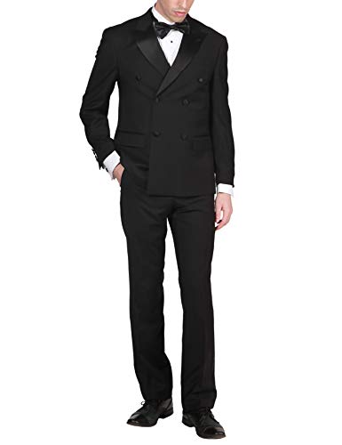 Adam Baker by Mantoni Men's M40901 Double Breasted 100% Wool Peak Lapel Tuxedo - Black - 42S