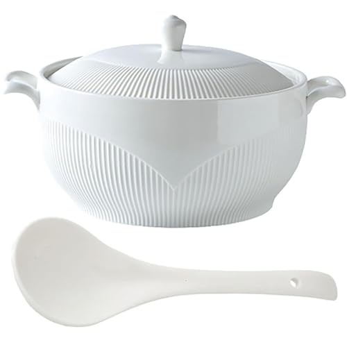 Elegancka ceramiczna miska do zupy z pokrywką, pojemność 3 l, trwała porcelanowa miska do serwowania z uchwytem i łyżką, nadaje się do kuchenki mikrofalowej i zmywarki, 1,8 l