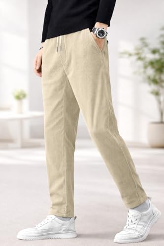 Image of Men's Comfortable Corduroy Pants | Relaxed Fit Stretch Waist Trousers for Everyday Wear Cream