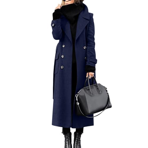 BUhuiBabubu Women's Coats Sale, Womens Winter Double Breasted Wool Blend Coats Long Sleeve Notch Lapel Dressy Long Trench Coat Work Office Overcoat for Ladies Gifts for Teens,Navy,XL,u766k
