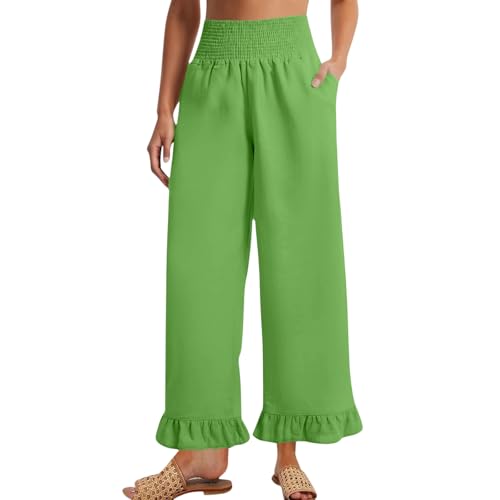 Image of Palazzo Pants for Women Linen Smocked Elastic Waist Ruffle Wide Leg Pants Summer Beach Flowy Boho Pant with Pockets