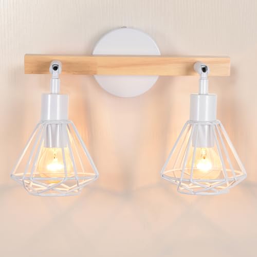 iDEGU 2 Lampes Applique Murale Interieur Vintage Luminaire E14 Design Cage Industriel Lampe Murale en Métal et Bois Réglable Plafonnier Éclairage Mural pour...