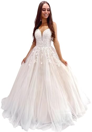 Lace Appliques Wedding Dresses for Bride 2025 Tulle Long Chiffon A-Line Beach Bridal Gowns with Train