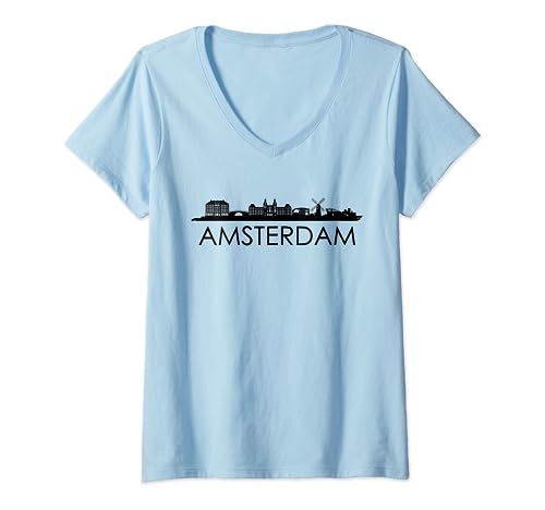 La ciudad de Ámsterdam Skyline Silhouette Holland Amsterdam Camiseta Cuello V