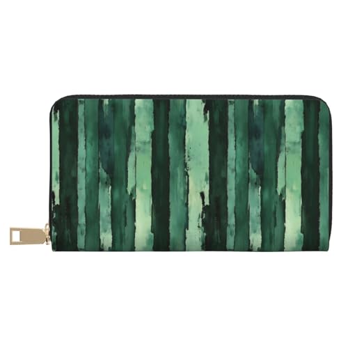 Leather Thin Slim Wallets for Women & Men - Cactus Green Stripes Print Card Wallet Holder with Zipper