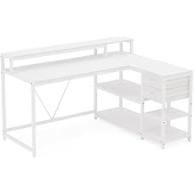55" L Shaped Office Desk with Drawers & Storage, Reversible Executive Office Desk with 4 Shelves, Large Corner Computer Desk with Elevated Monitor Stand for Home Office Gaming White