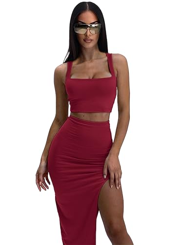 Image of ELLEVEN Two Piece Maxi Skirt Sets for Women, Square Neck Tank Tops with High Side Slit Dress Sets Summer Outfits