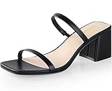Leevar Square Toe Heeled Sandals for Women,Women's Low Block Heels Sandals,2.25IN Open Toe Ankle Strap Chunky Heels, Black Pu, 6 UK