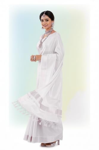 Image of Women's Kerala Tissue Plain Saree with Running Blouse| Onam & Vishu Kani Special | Traditional Kasavu White Colour