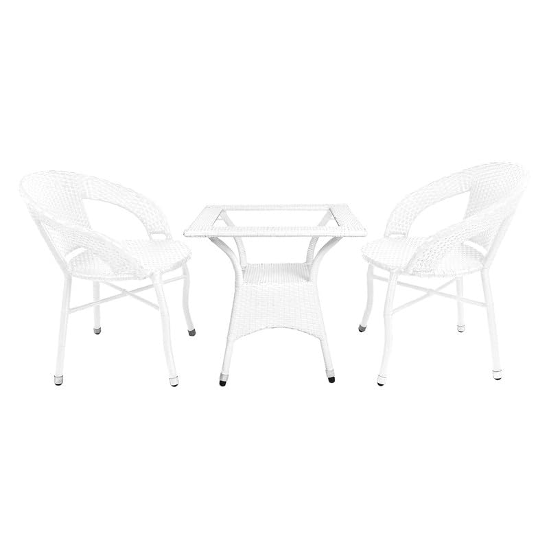 Image of Amazon Brand - Solimo Rattan and Wicker Garden Patio Seating Chair and Table Set Outdoor Balcony Garden Coffee Table Set Furniture with 1 Square Glass Top Table and 2 Chairs Set for Home (White)