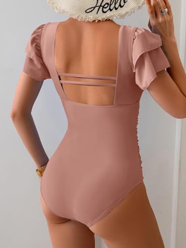 Image of Eomenie Women's Tummy Control One Piece Swimsuit Ruffle Square Neck Bathing Suit Ruched Cutout Back Slimming Swimwear