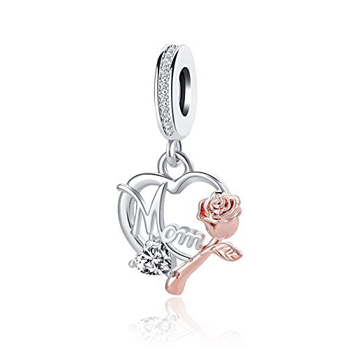 Mom Charm Compatible with Pandora Bracelet Women Rose Gold Flower Love Heart Dangle Mother Bead from Daughter Son Birthday