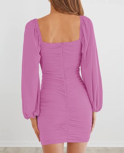 Image of MEROKEETY Women Square Neck Lantern Long Sleeve Mesh Ruched Bodycon Clubwear Mini Dress