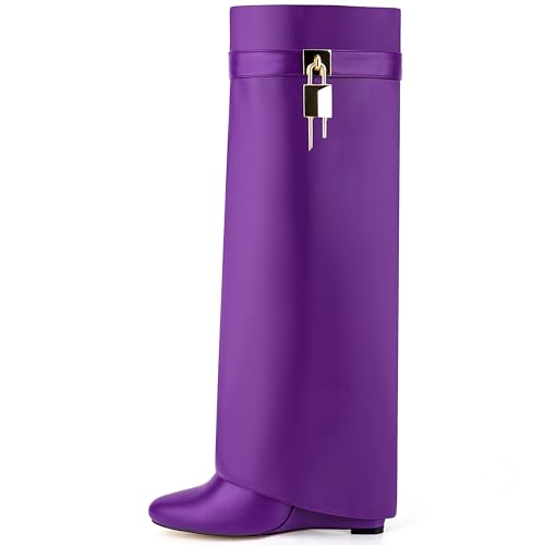 Image of Fold Over Knee High Boots for Women Pointy Pull-on Wedge Heel Knee Shark Boot With Side Zipper Covered Wedge Heel Padlock Boot