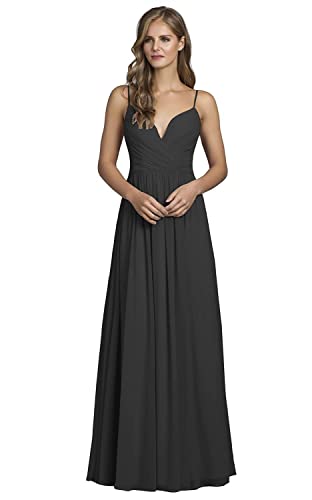 Robe de demoiselle d'honneur longue plissée en mousseline de soie col V haut de gamme noir 48