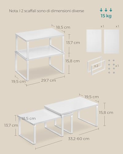 SONGMICS Scaffale Portaspezie, Set di 2 Organizzatori da Cucina Espandibili, Scaffale da Cucina Impilabile, Metallo e Legno Ingegnerizzato, Bianco Nuvola e Bianco Neve KCS02W01 - Immagine 5