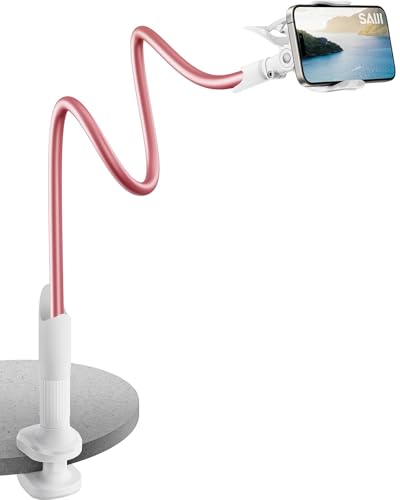 Image of SAIJI Gooseneck Phone Stand for Bed, Lazy Bracket Cell Phone Holder Long Arm Clip Clamp Mount for Filming, Compatible with 4-7'' Mobile Cell Phone Stand Document Camera Nintendo Switch (Rose Gold)