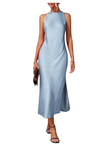 Image of Floerns Women's Elegant Crew Neck Maxi Slit Cocktail Tank Wedding Dress | Boat Neck, Side Slit, Long, Party, Cocktail, Formal, Rehearsal Dinner Guest Midi Dress