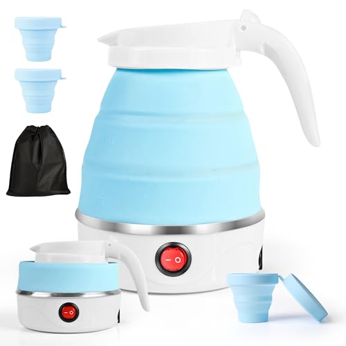 Tetera Electrica Plegable, Hervidor de Agua Portátil para Camping 600ML, Hervidor de agua plegable, mini hervidor de silicona para viajes, senderismo, exterior, camping (Azul)
