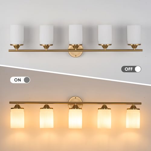 Image of Jonsi Gold Bathroom Light Fixtures 5-Light Vanity Lights Modern Wall Sconce with Milk White Shade Brushed Brass Bathroom Light Fixture Over Mirror for Bedroom Hallway Kitchen
