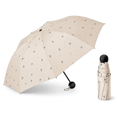 Image of Mini Umbrella with Case for Men & Women (Manual Open) Compact Travelling Pocket Umbrella, Polyester & UV Protect Fabric for Summer /Anti-Slip Handle- Use in Rain & Summer (Beige-Print)