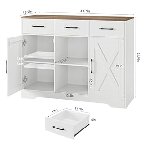 HOSTACK Modern Farmhouse Buffet Cabinet with Storage Barn Doors Sideboard Buffet Storage Cabinet with Drawers and Shelves Wood Coffee Bar Cabinet for Kitchen Dining Room Living Room White