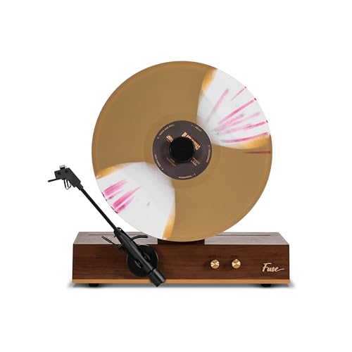 Fuse GLD Standalone Vertical Vinyl Record Player | Gold Trim | 5.3 Bluetooth, AUX | Premium Cartridge | Built-in 50W Amp | Vintage Mid Century Modern | Handcrafted Ashtree Wood