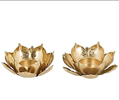 Agaas Enterprises Beautiful Handcrafted Metal Golden Lotus ShapeTealight Candle Holder Set of 2 Diwali Pooja Room Home Festive Look D?cor Golden Votive Candle Light Holder for Home Decoration-image-13