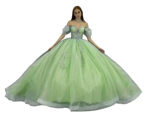 Asulla Lace Appliques Quinceanera Prom Dress with Train Off Shoulder Shiny Formal Evening Ball Gowns Sweet 15 16