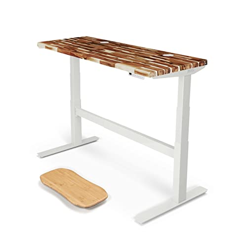 Image of UPLIFT DESK Acacia Butcher Block (60 x 24 inch) Standing Desk 2-Leg V2-Commercial Adjustable Stand Up C-Frame (White), Advanced Keypad, Wire Grommets, Wire Tray, Rocker Board