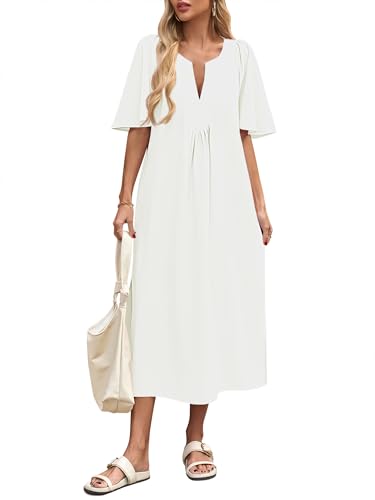 Image of Wenrine Womens Casual Maxi Dress Short Sleeve Loose Flowy Summer Dresses | flutter sleeve, v neck, loose fit, slit, long summer dress, beach, vacation