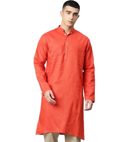 Image of Majestic Man Men's Cotton Regular Fit Traditional Mandarin Collar Ethnic Motifs Solid Long Kurta