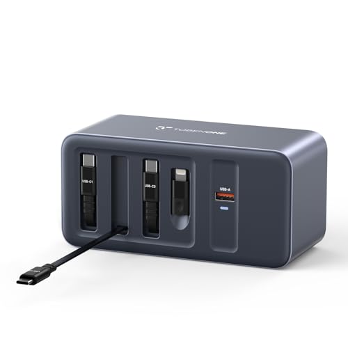 TobenONE 165W USB C Charging Station with Built-in Retractable Cable(2.3ft) & Lightning Adapter 3 USB C 1 USB A 100W Desktop Fast Charging for MacBook iPhone 17 iPad Samsung Home Office