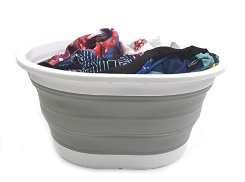 Image of SAMMART Collapsible Plastic Laundry Basket - Oval Tub / Basket - Foldable Storage Container / Organizer - Portable Washing Tub - Space Saving Laundry Hamper (1, Grey)