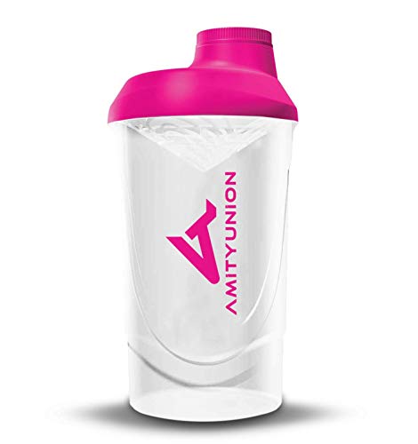Dames Protein Shaker 800 ml Pink White Deluxe - ORIGINAL AMITYUNION - proteïne shaker lekvrij - BPA vrij met zeef, weegschaal voor romige wei shakes, gym fitness mok voor isolaten, sportdrankjes