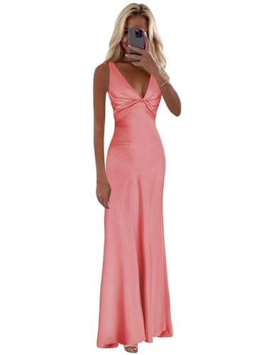 Deep V Neck Wedding Guest Dress for Women 2025 Halter Prom Dresses Backless Satin Evening Gown
