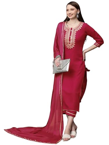 Image of GoSriKi Women's Cotton Blend Straight Embroidered Kurta with Pant & Dupatta Set (Dhati-GS)
