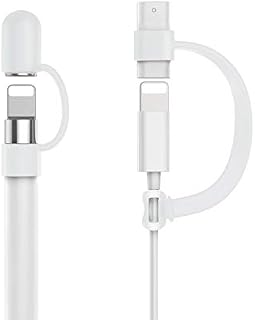 MoKo Pencil Cap Holder Fit Apple Pencil 1st Generation, USB Cable Tether and Pencil Cap Anti-lost Carrying Strap for Apple Pencil Charging, Silicone iPad Stylus Pencil Nib Cover, WHITE