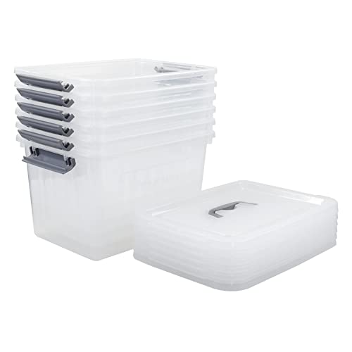 Fosly 12 L Clear Plastic Latch Box Container, Lidded Storage Boxes with Handle Set of 6