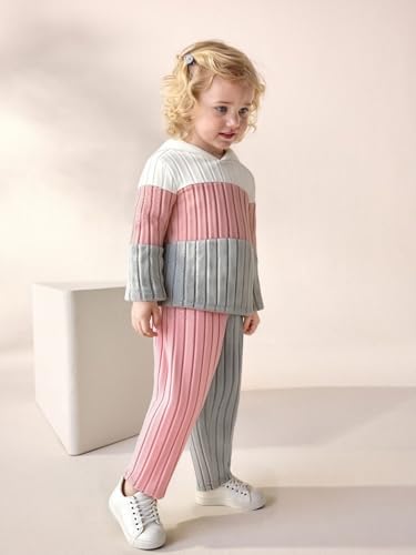 Image of Toddler Kid Girls Clothes Ribbed Color Block Long Sleeve Hoodie Sweatsuit Set Fall Outfits