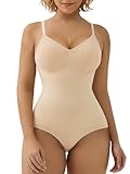 SHAPERX Women's Shapewear Bodysuit Tummy Control Body Shaper Seamless Sculpting Snatched Waist Body Suit，SZ5213-Beige-S/M