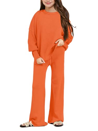 Image of Haloumoning Girls 2 Piece Outfits Kids Long Sleeve Crewneck Sweater Drawstring Wide Leg Long Pants Sweatsuits Sets 5-14T