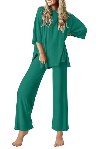 Image of Ekouaer Lounge Sets for Women Short Sleeve Tops and Long Pants Soft Comfy Pajamas Set 2 Piece Outfits